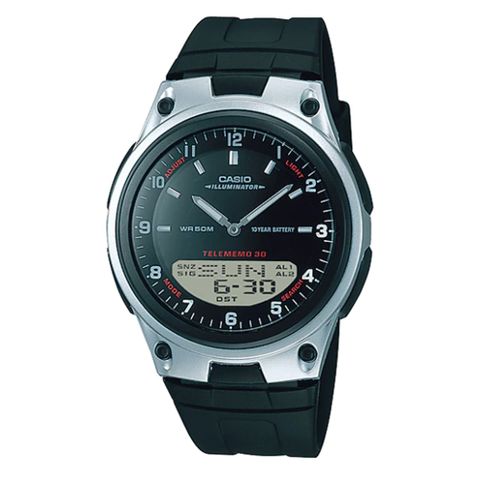 【CASIO】時尚商務雙顯腕錶-銀框黑面 (AW-80-1A)