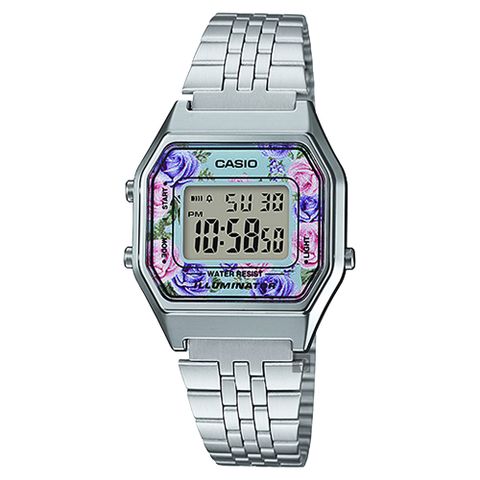 CASIO 卡西歐 復古經典銀錶帶電子錶-花系列(LA680WA-2C)