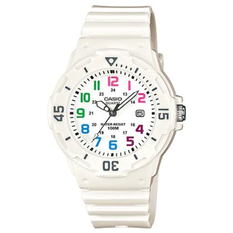 CASIO 新一代女用潛水風格概念休閒錶-白錶帶彩虹字LRW-200H-7B