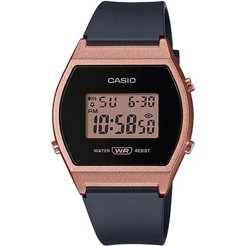 CASIO 卡西歐 酒桶造型仿復古款數位休閒錶 (LW-204-1A)黑X玫瑰金框