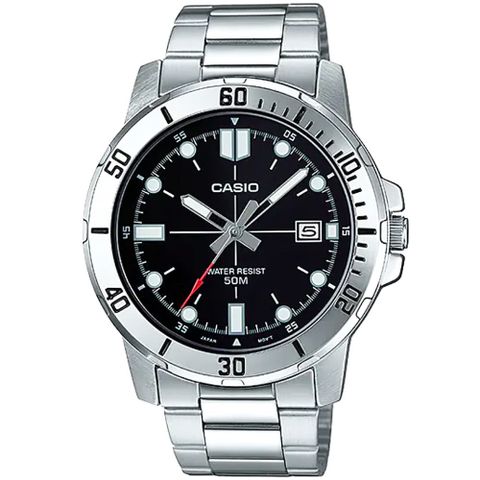 【CASIO】紳士時尚三針三眼日期顯示腕錶-丁字黑面(MTP-VD01D-1E)
