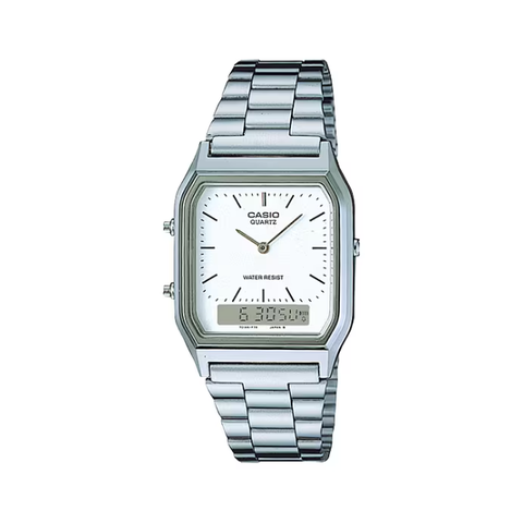 【CASIO 卡西歐】經典復古簡約單針時標時尚雙顯腕錶-優雅銀/AQ-230A-7D/台灣總代理公司貨享一年保固