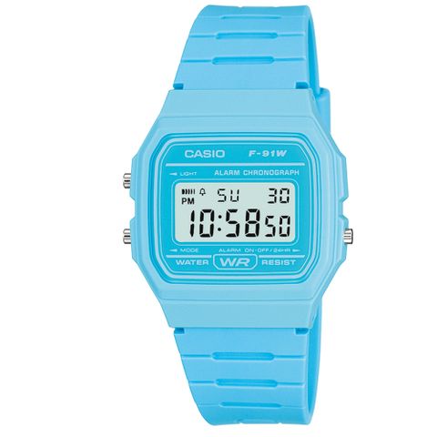 CASIO 卡西歐 鮮豔繽紛經典運動電子錶F-91WC-2A(馬卡龍藍)