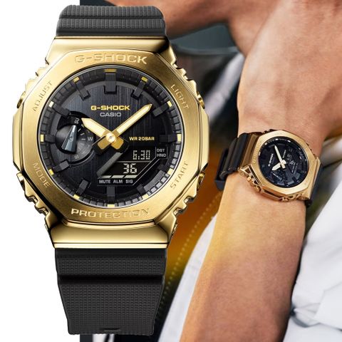 CASIO卡西歐 G-SHOCK 金屬錶殼 八角形雙顯錶-黑金(GM-2100G-1A9)