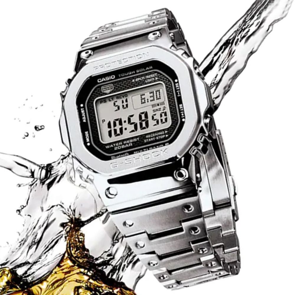 CASIO卡西歐G-SHOCK 全金屬太陽能智慧藍芽方形電子錶-銀色(GMW-B5000D