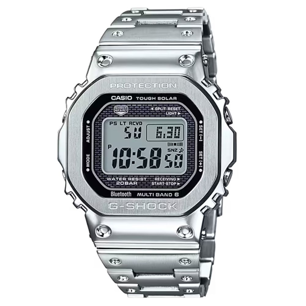 CASIO 卡西歐  G-SHOCK 全金屬 太陽能智慧藍芽 方形電子錶-銀色 (GMW-B5000D-1)