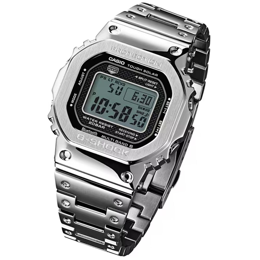 CASIO 卡西歐  G-SHOCK 全金屬 太陽能智慧藍芽 方形電子錶-銀色 (GMW-B5000D-1)