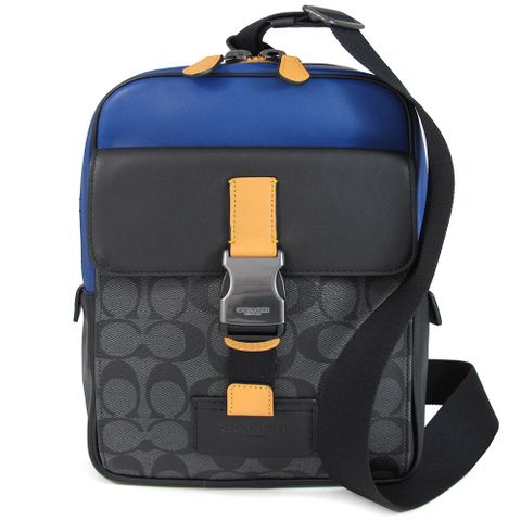 COACH 黃藍黑三色防潑水皮革金屬滑釦單肩背包/胸包
