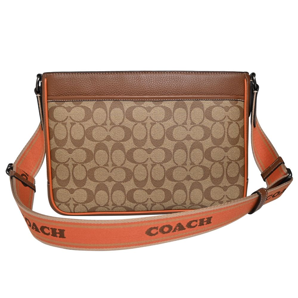 COACH卡其C Logo棕橘邊背帶字印方型斜背男包- PChome 24h購物