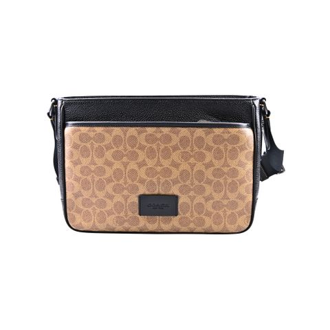 COACH深棕C Logo黑色荔枝紋皮飾方型斜背男包