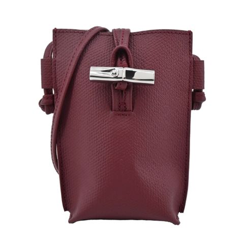 LONGCHAMP ROSEAU系列竹節卵石紋牛皮手機斜背包(深紫)