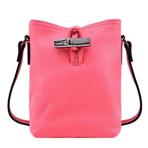 LONGCHAMP ROSEAU ESSENTIAL系列竹節牛皮斜背水桶包(迷你/石榴紅)