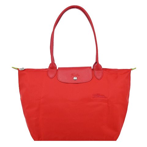 LONGCHAMP LE PLIAGE GREEN系列刺繡長把再生尼龍摺疊水餃包(大/番茄紅)