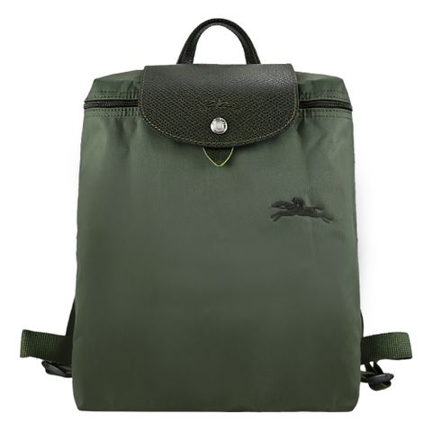 Longchamp LE PLIAGE GREEN系列刺繡再生尼龍摺疊後背包(森林綠)