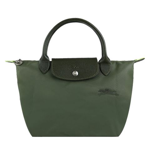 Longchamp LE PLIAGE GREEN系列刺繡短把再生尼龍摺疊水餃包(小/森林綠)