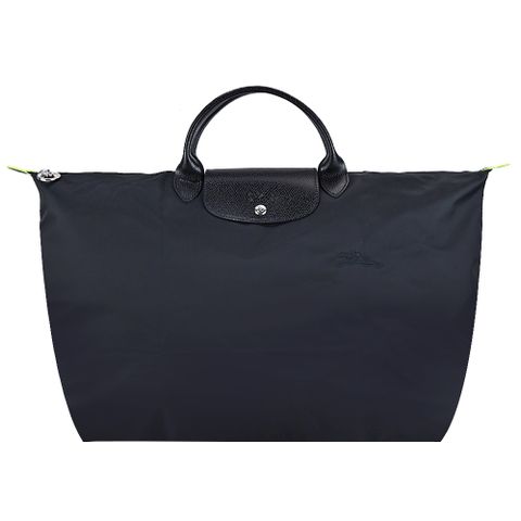 Longchamp LE PLIAGE GREEN系列刺繡短把再生尼龍摺疊旅行袋(大/黑)