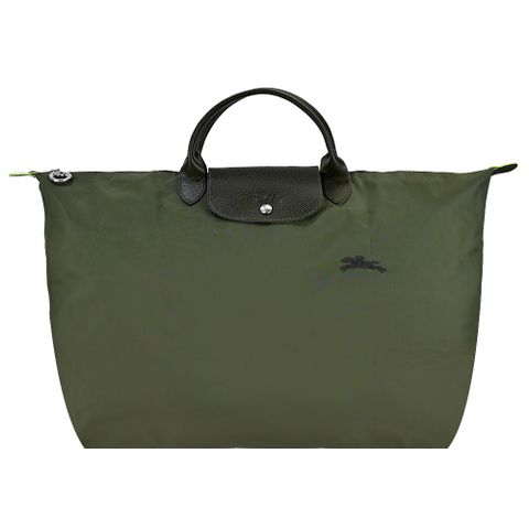 Longchamp LE PLIAGE GREEN系列刺繡短把再生尼龍摺疊旅行袋(大/森林綠)