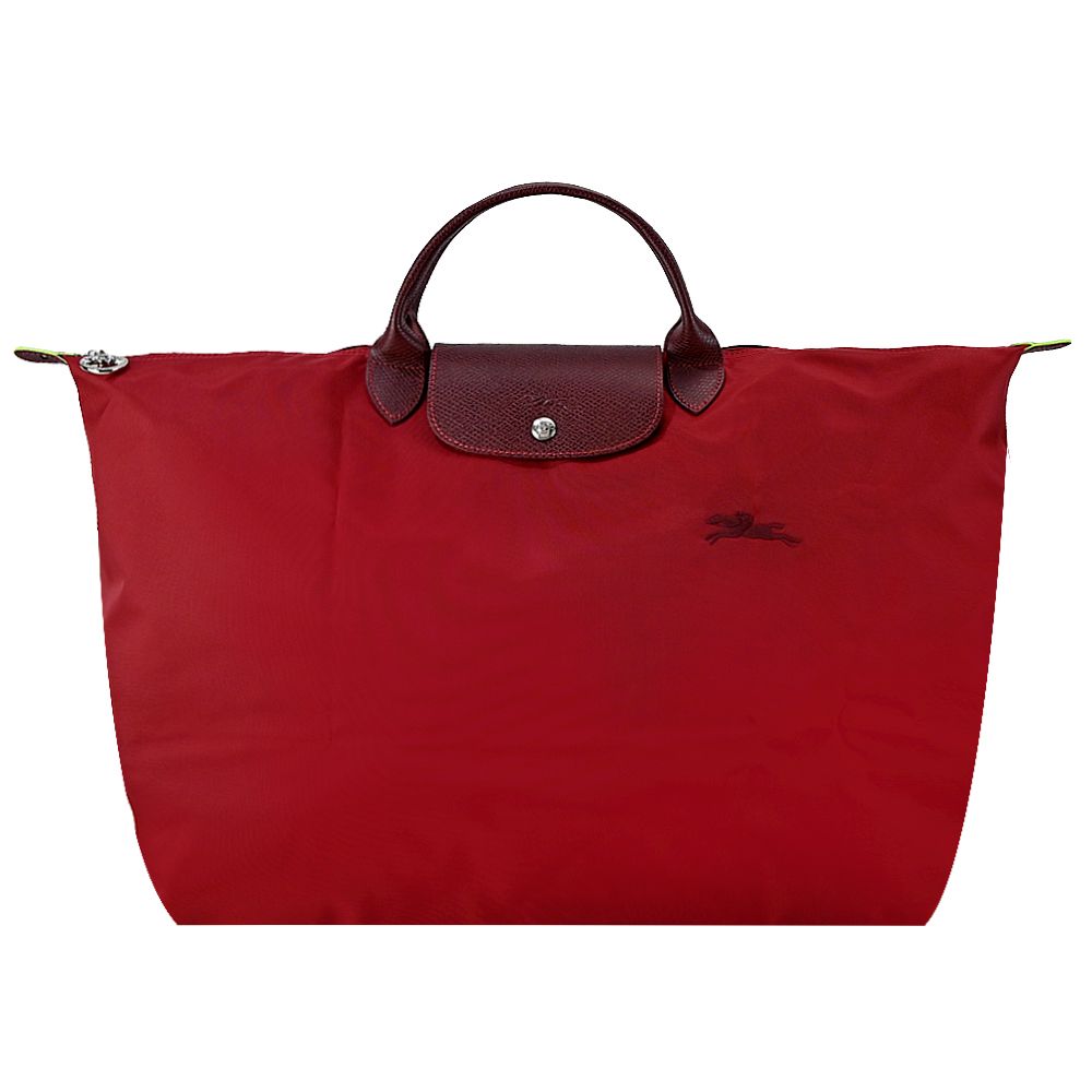 Longchamp LE PLIAGE GREEN系列刺繡短把再生尼龍摺疊旅行袋(大/夕陽紅)