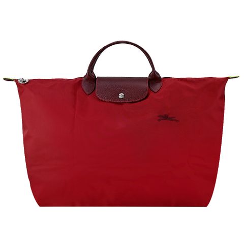 Longchamp LE PLIAGE GREEN系列刺繡短把再生尼龍摺疊旅行袋(大/夕陽紅)