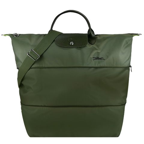 Longchamp LE PLIAGE GREEN系列刺繡短把再生尼龍延展兩用旅行袋(森林綠)