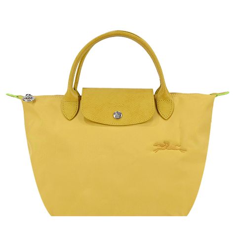 Longchamp LE PLIAGE GREEN系列刺繡短把再生尼龍摺疊水餃包(小/粉黃)