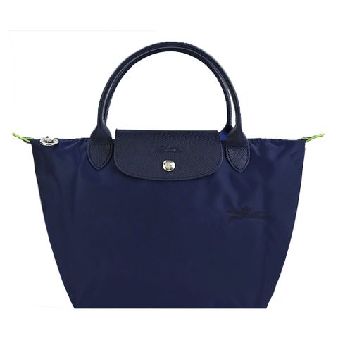 Longchamp LE PLIAGE GREEN系列刺繡短把再生尼龍摺疊水餃包(小/海軍藍)