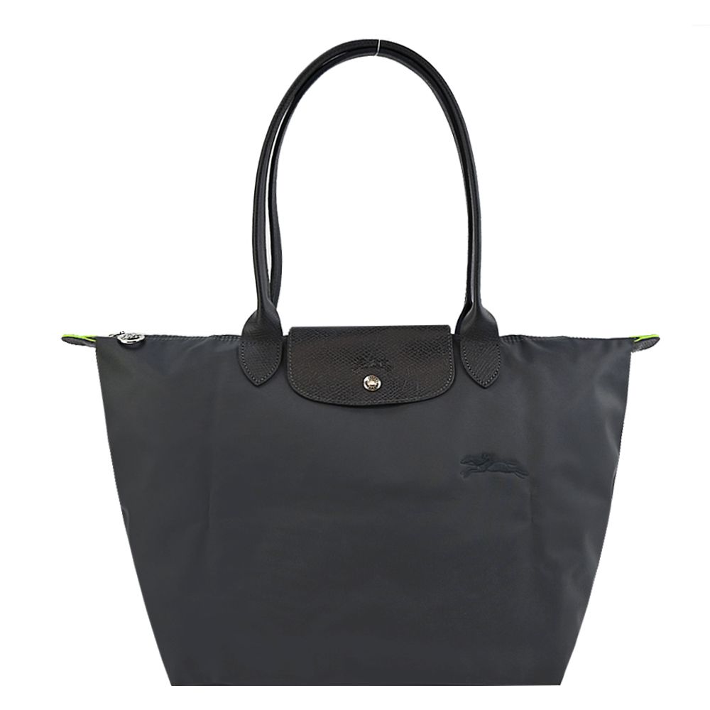 Longchamp  LE PLIAGE GREEN系列刺繡長把再生尼龍摺疊水餃包(大/石墨灰)