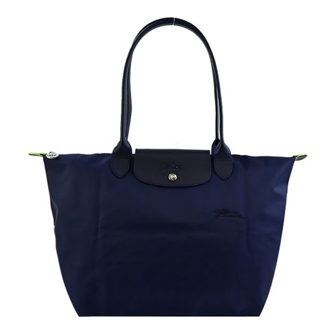 Longchamp LE PLIAGE GREEN系列刺繡長把再生尼龍摺疊水餃包(大/海軍藍)