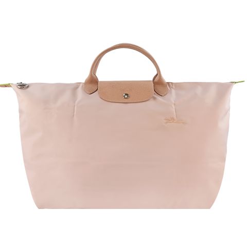 Longchamp LE PLIAGE GREEN系列刺繡短把再生尼龍摺疊旅行袋(大/花粉)