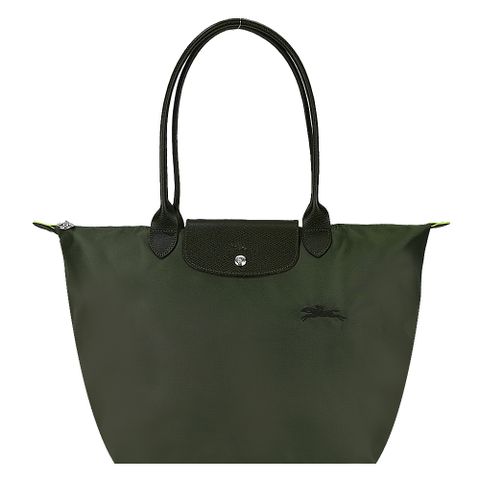 Longchamp LE PLIAGE GREEN系列刺繡長把再生尼龍摺疊水餃包(大/森林綠)