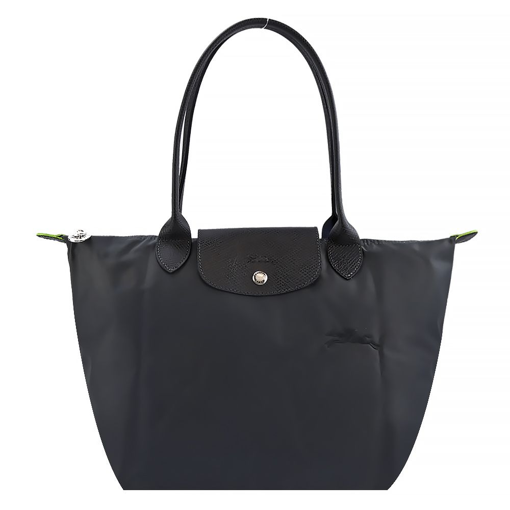 Longchamp  LE PLIAGE GREEN系列刺繡長把再生尼龍摺疊水餃包(小/石墨灰)