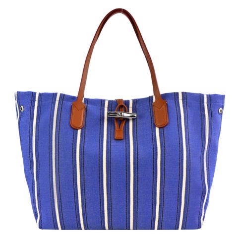 LONGCHAMP ROSEAU ESSENTIAL RAY?系列竹節帆布條紋托特包(大/鈷藍)