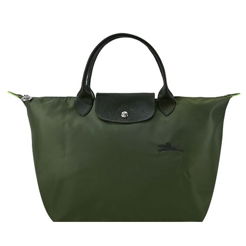 Longchamp LE PLIAGE GREEN系列刺繡短把再生尼龍摺疊水餃包(中/森林綠)