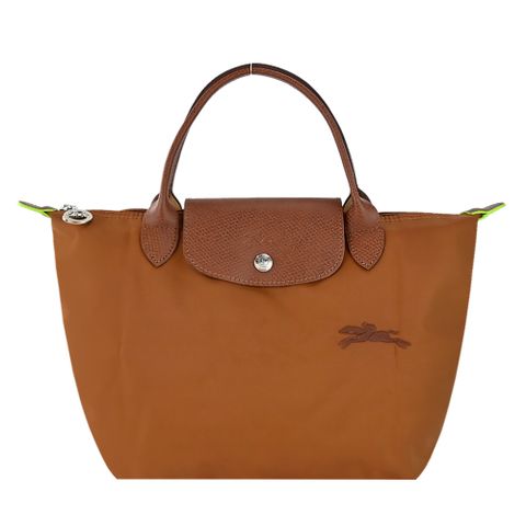 Longchamp LE PLIAGE GREEN系列刺繡短把再生尼龍摺疊水餃包(小/白蘭地酒)