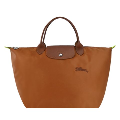 Longchamp LE PLIAGE GREEN系列刺繡短把再生尼龍摺疊水餃包(中/白蘭地酒)