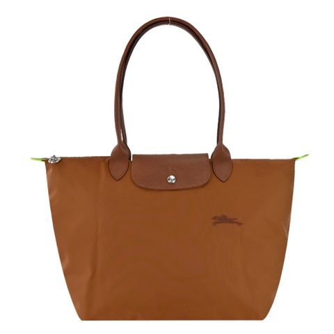 LONGCHAMP LE PLIAGE GREEN系列刺繡長把再生尼龍摺疊水餃包(大/白蘭地酒)