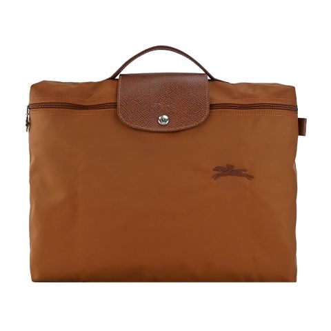 LONGCHAMP LE PLIAGE GREEN系列刺繡再生尼龍摺疊公事包(白蘭地酒)