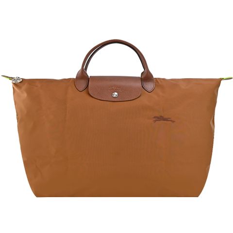 Longchamp LE PLIAGE GREEN系列刺繡短把再生尼龍摺疊旅行袋(大/白蘭地酒)