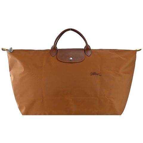 Longchamp LE PLIAGE GREEN系列刺繡短把再生尼龍摺疊旅行袋(特大/白蘭地酒)