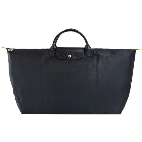 Longchamp LE PLIAGE GREEN系列刺繡短把再生尼龍摺疊旅行袋(特大/黑)