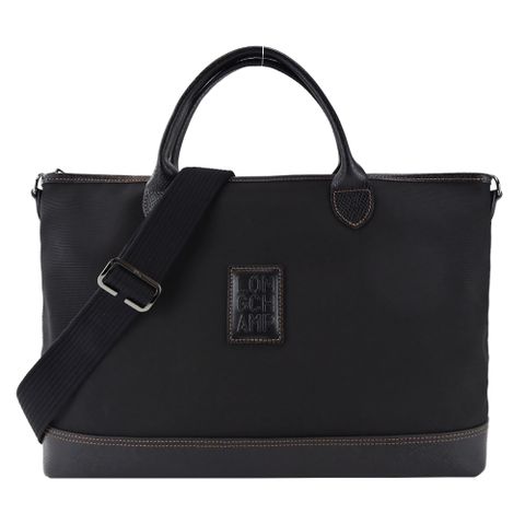 LONGCHAMP BOXFORD系列壓印皮標帆布兩用公事包(小/黑)