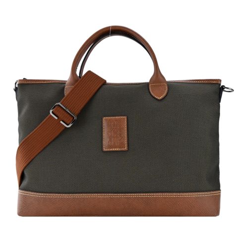 LONGCHAMP BOXFORD系列壓印皮標帆布兩用公事包(小/棕)