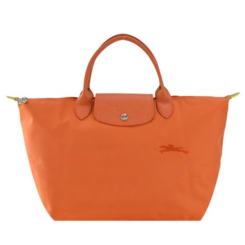 LONGCHAMP LE PLIAGE GREEN系列刺繡短把再生尼龍摺疊水餃包(中/胡蘿蔔橘)