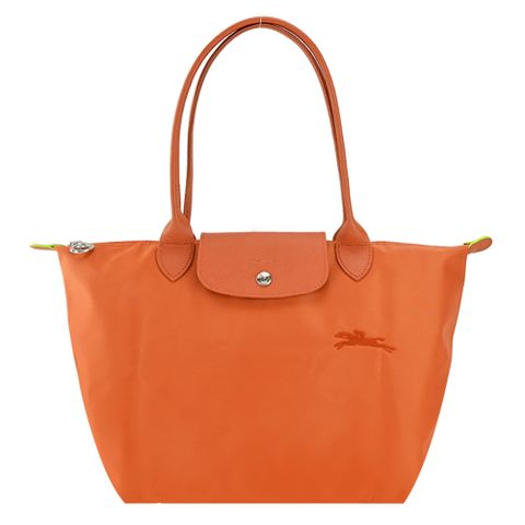 LONGCHAMP LE PLIAGE GREEN系列刺繡長把再生尼龍摺疊水餃包(小/胡蘿蔔橘)