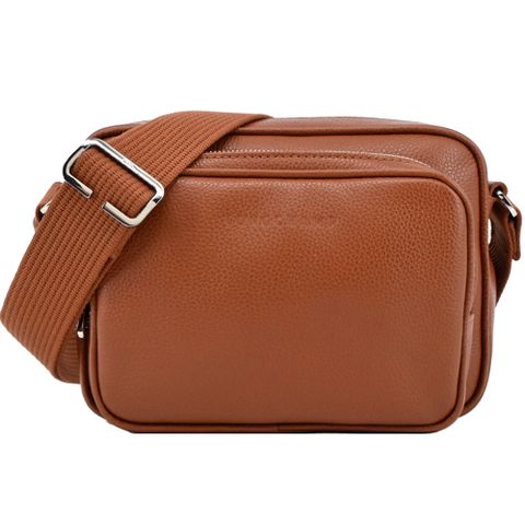 LONGCHAMP LE FOULONN?系列牛皮前口袋相機斜背包(小/紅褐)