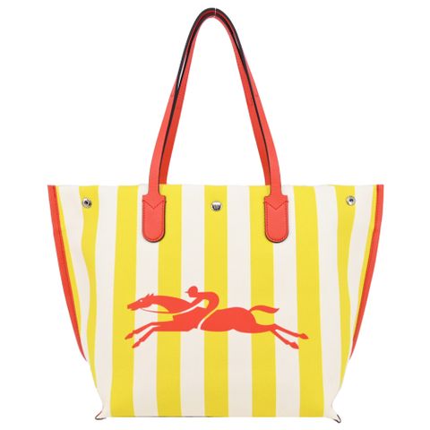 Longchamp ROSEAU ESSENTIAL系列帆布LOGO字母條紋托特包(大/黃x白)