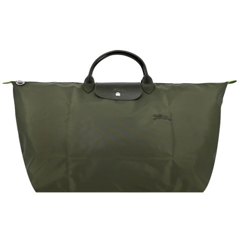 Longchamp LE PLIAGE GREEN系列刺繡短把再生尼龍摺疊旅行袋(特大/森林綠)