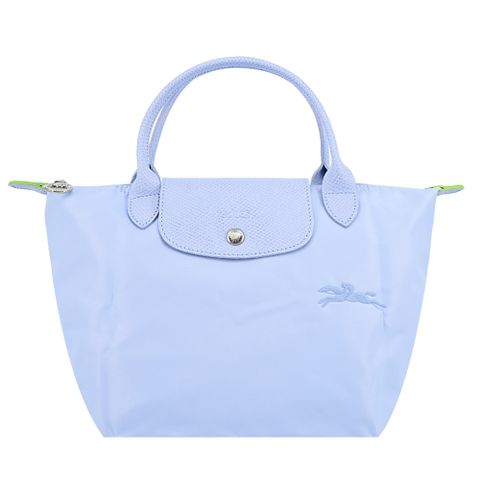 Longchamp LE PLIAGE GREEN系列刺繡短把再生尼龍摺疊水餃包(小/天澄)