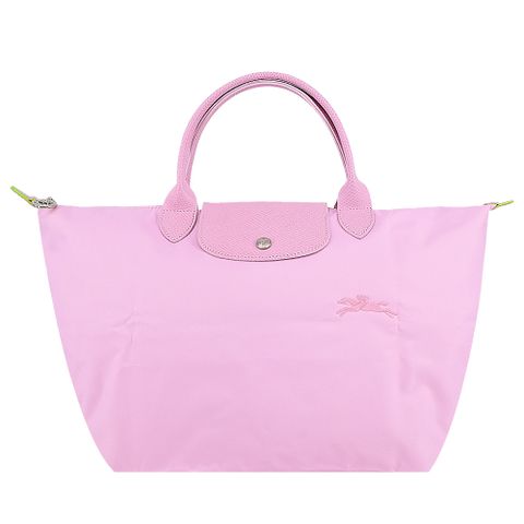 Longchamp LE PLIAGE GREEN系列刺繡短把再生尼龍摺疊水餃包(中/粉紅)