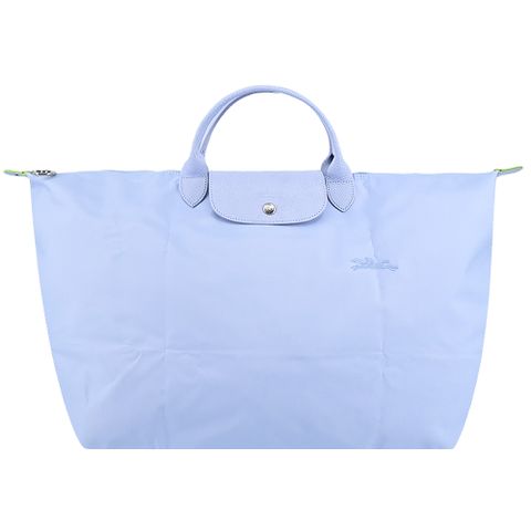 Longchamp LE PLIAGE GREEN系列刺繡短把再生尼龍摺疊旅行袋(大/天澄)